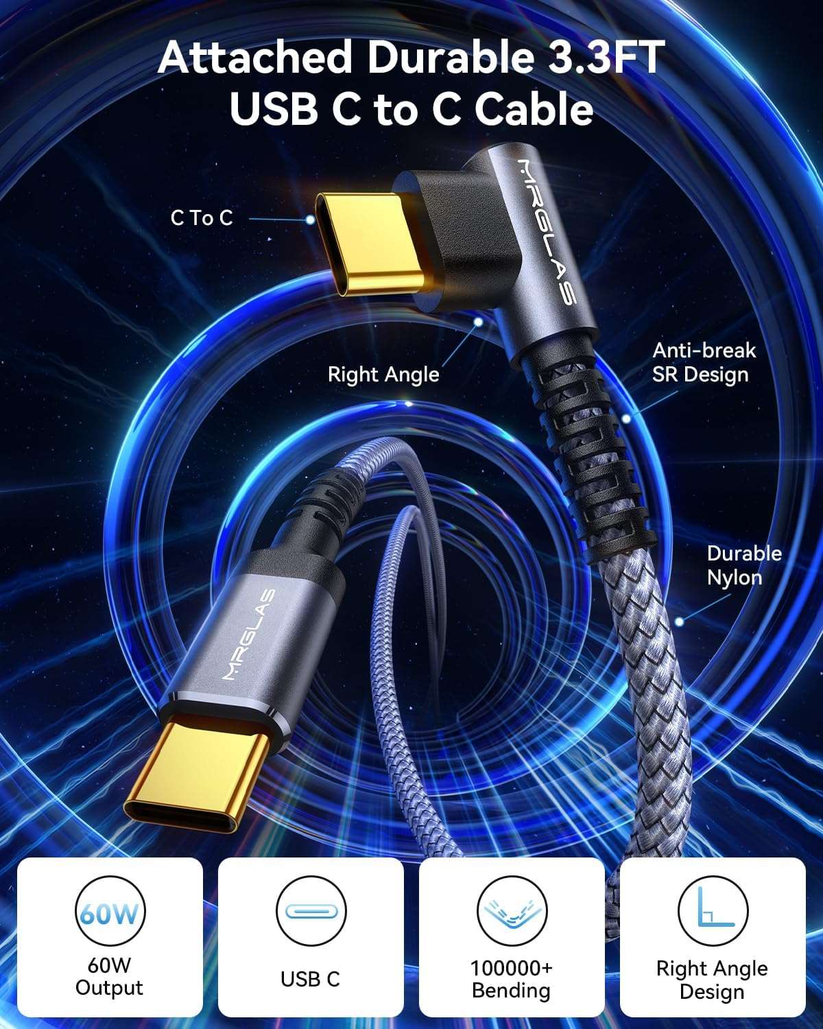 125W Fast Car Charger for iPhone 15 , PD65W & QC60W USB C with 3.3ft Nylon Type C Cable Right Angle - Haassue