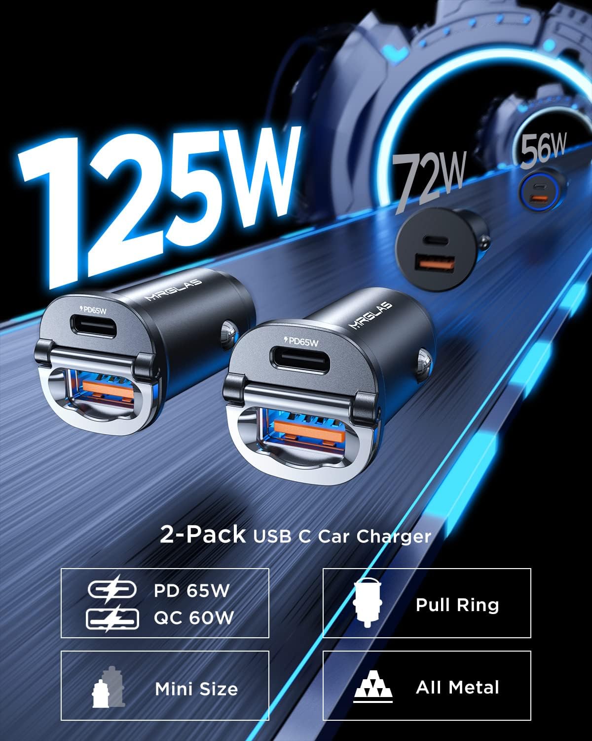 [2-Pack]125W USB C Car Charger, PD65W & QC60W Dual Port Type C Car Cigarette Lighter USB Charger for iPhone 15 14 ProMax iPad Samsung Macbook - Haassue