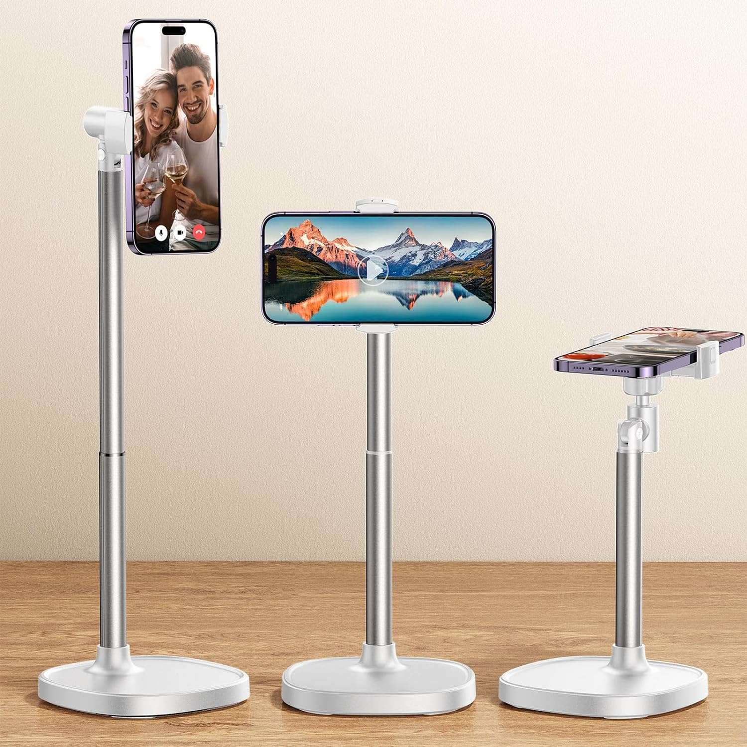 Cell Phone Stand for Desk, Angle Height Adjustable Phone Holder for Desk, Aluminum Alloy Universal Phone Stand Recording, Retractable iPhone Stand Holder Office for iPhone 15 Pro Max -White - Haassue
