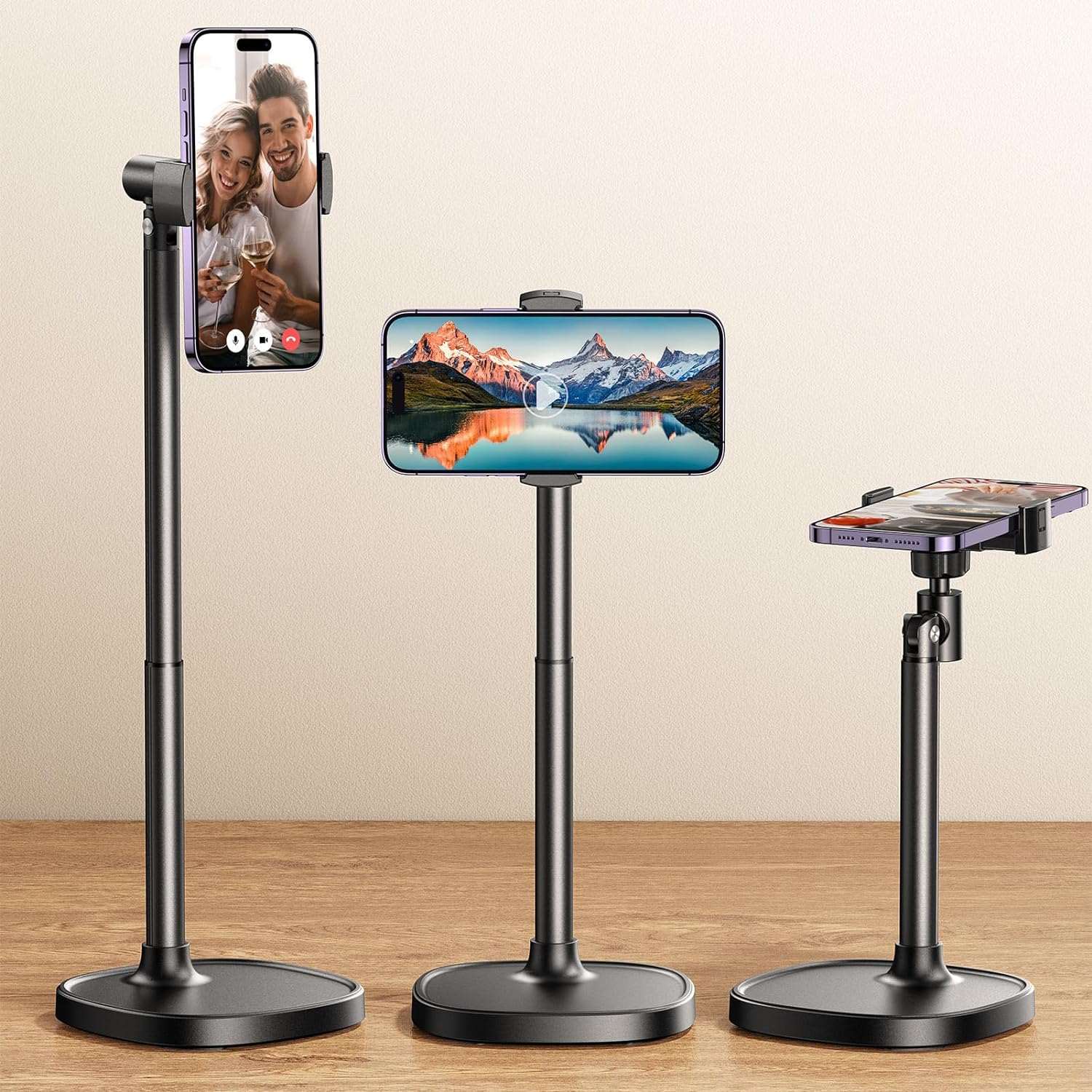 Cell Phone Stand for Desk, Angle Height Adjustable Phone Holder for Desk, Aluminum Alloy Universal Phone Stand Recording, Retractable iPhone Stand Holder Office for iPhone 15 Pro Max Plus - Haassue