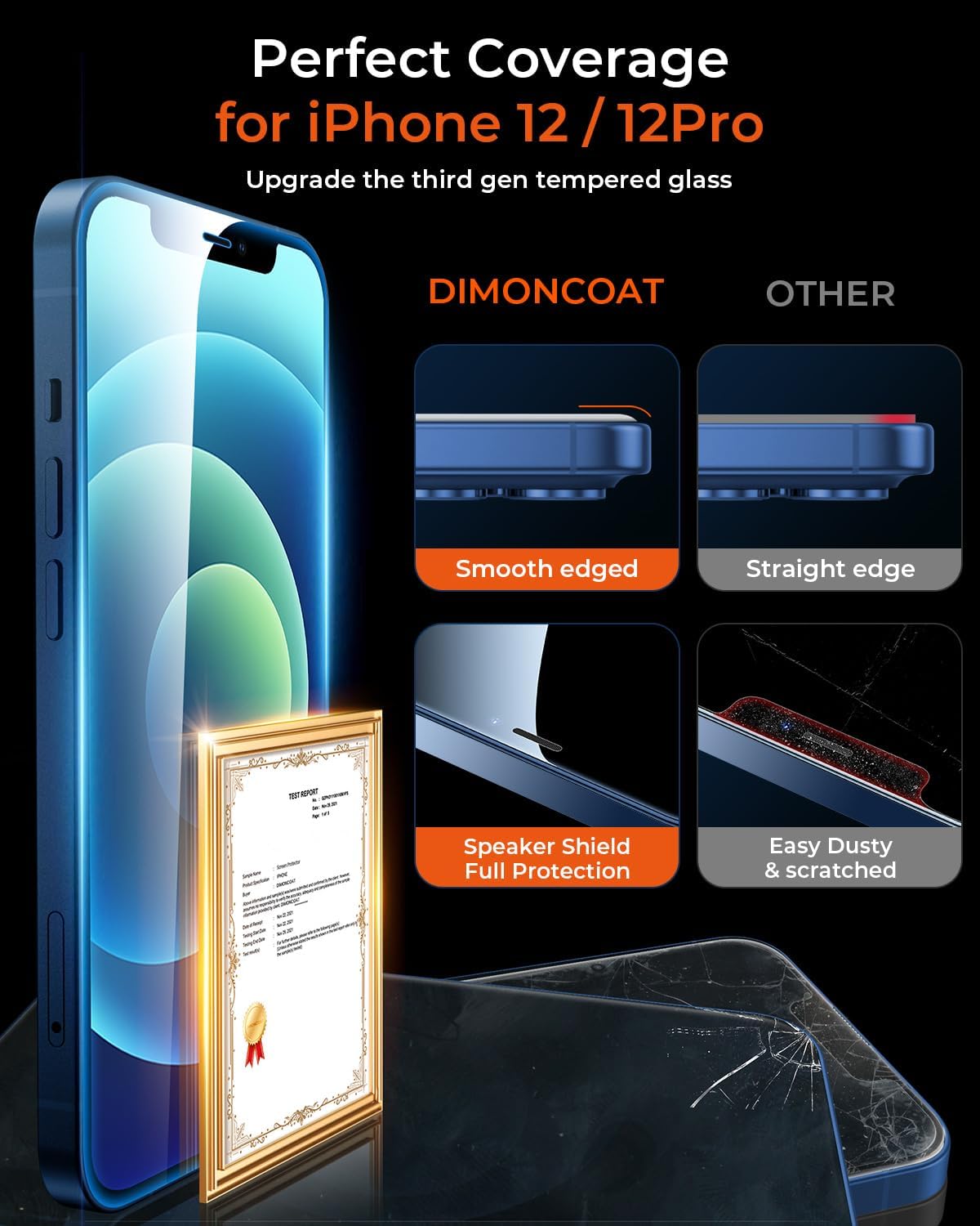 DIMONCOAT 4-PACK for iPhone 12/ iPhone 12 Pro Screen Protector [Auto Alignment Kit] [10X Military Protection] Compatible iPhone 12/12 Pro 6.1'' HD Diamonds Hard Tempered Glass Bubble Free