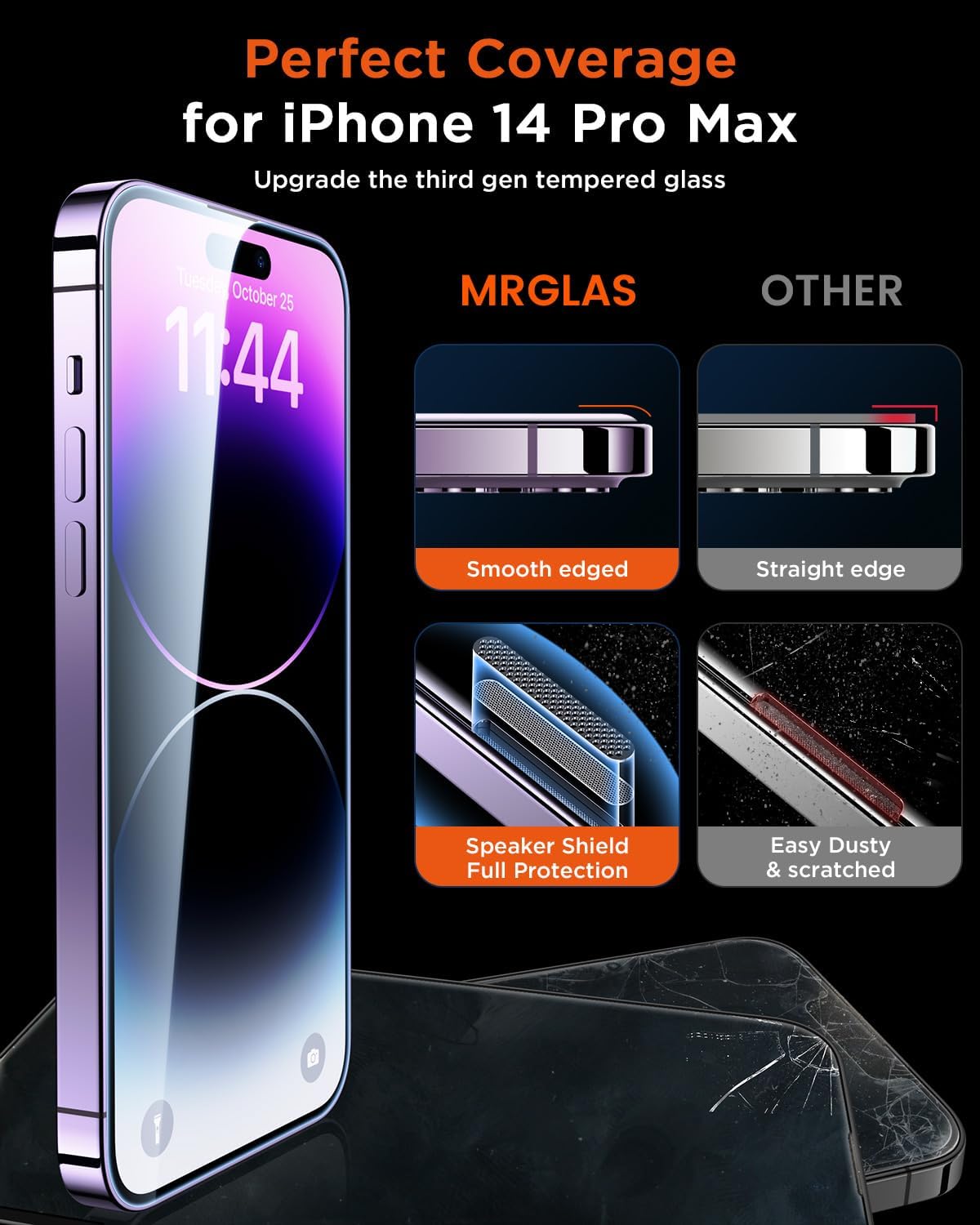 MRGLAS 3-Pack for iPhone 14 Pro Max Screen Protector 6.7'' Easy Installation [Bubble Free, Auto-Dust Removal] HD Tempered Glass [10X Military Protection] with 14 ProMax, Anti-fingerprint - Haassue