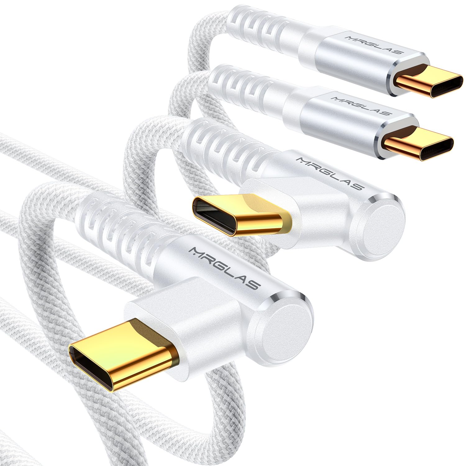 MRGLAS USB C to USB C Cable 60W 3.2A [2-Pack, 6.6+6.6FT] Type C Charger Fast Charging Cable Right Angle Gold-Plated Nylon Braided Cord for iPhone 15 Pro Max Plus Samsung S24 S23 S22 iPad Pro MacBook