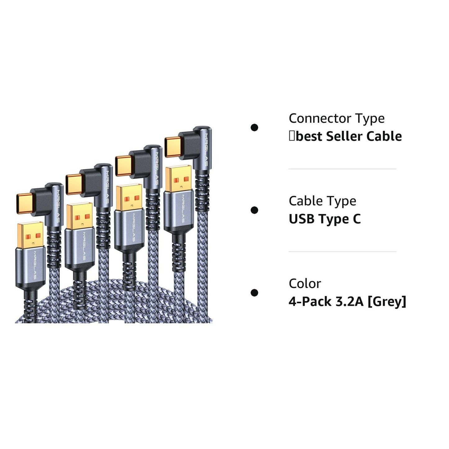USB C Charger Cable 3.2A, [4-Pack,10+6.6+3.3+1.6FT] Type C Fast Charging Cable Right Angle [90°& Gold-Plated] Durable Nylon Braided USB A to USB C Cord for Samsung S10 S9 Note 8 S21 LG - Haassue